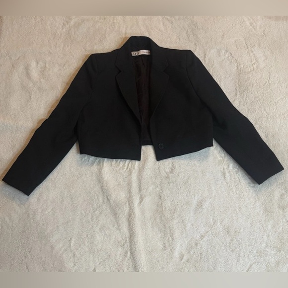 Zara Black Cropped Blazer Jacket One Button Size M - Picture 3 of 4